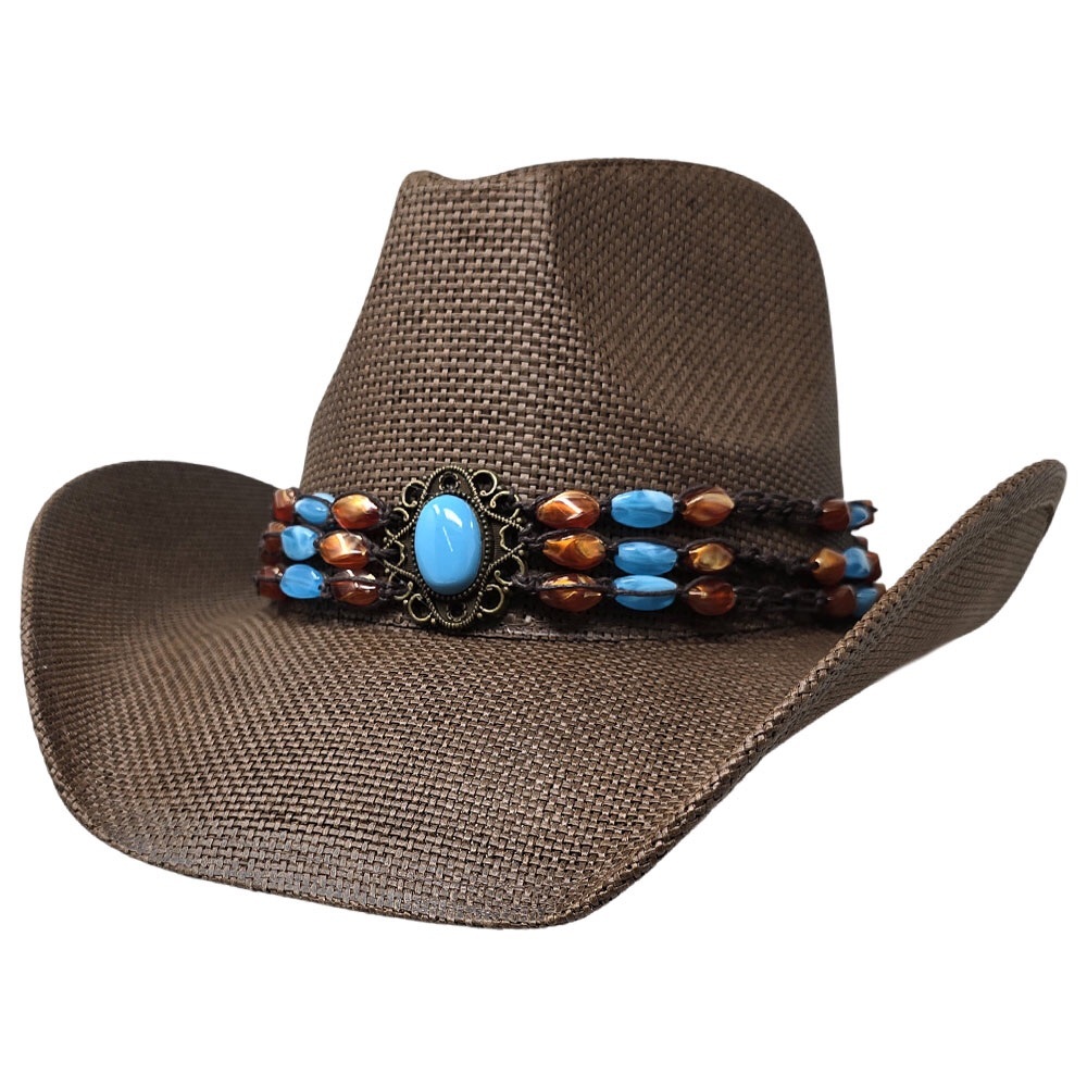 Boho Stone Beaded Band Western Straw Cowboy Fedora Hat